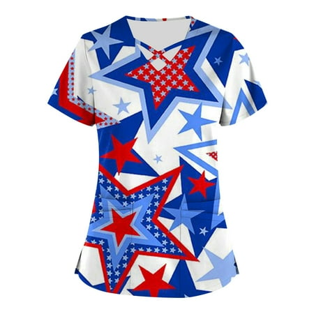 

TKing Fashion Womens Summer Plus Size Independence Day Short Sleeve V-Neck Printed Tops Scrub Cross Working Uniform T-Shirt with Pocket Dark Blue S
