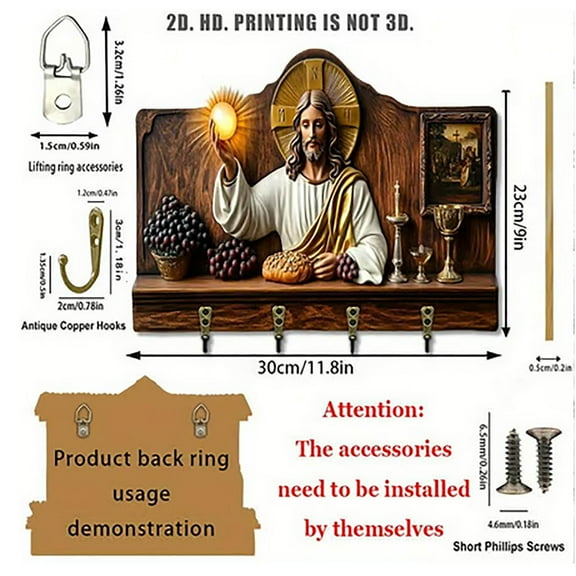 HaoXun Wooden Multifunctional Key Holder with Communion Symbols - Religious Wall Decor for Christmas Home Entryway, Porch, Room, Villa