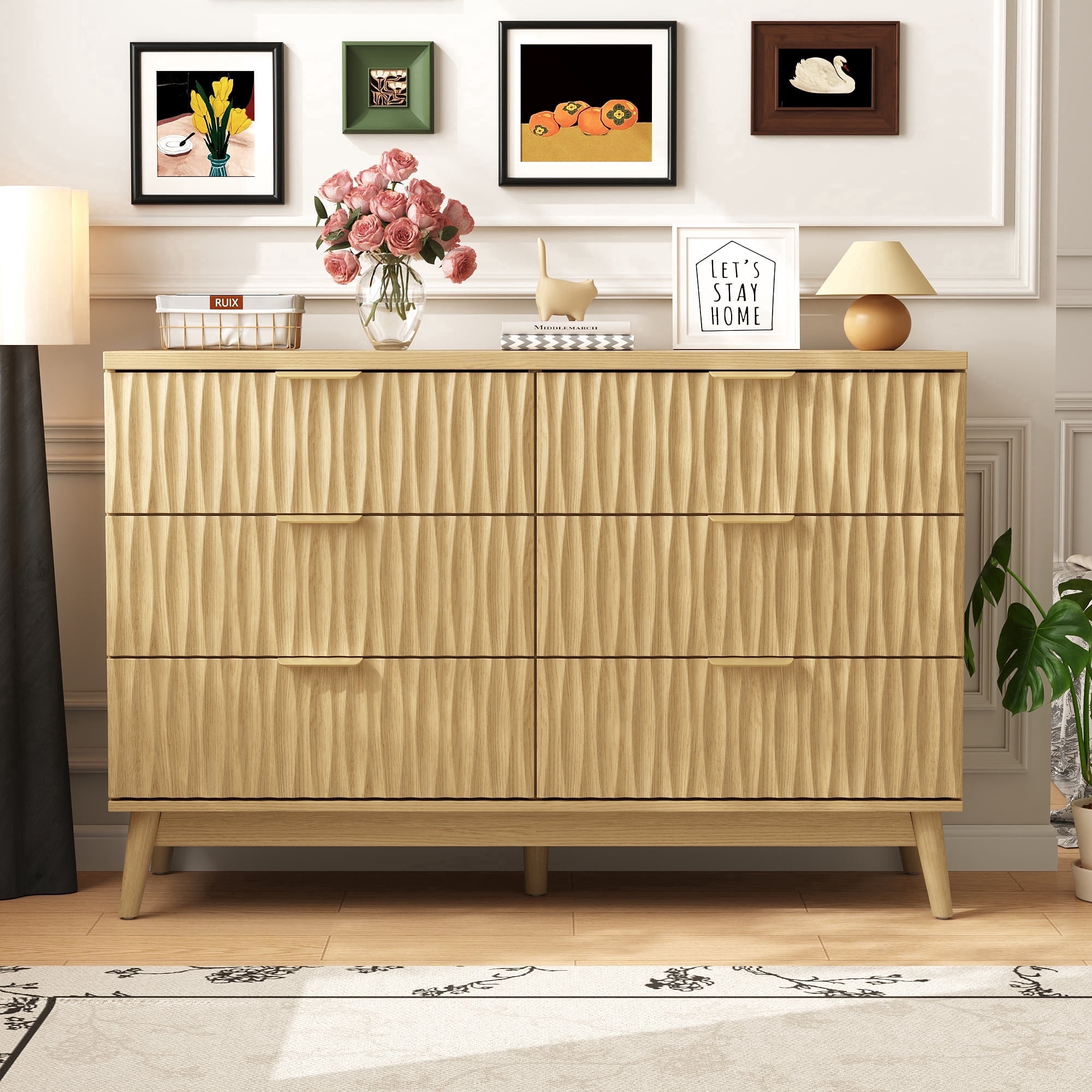 47"W Fluted 6 Drawers Dresser for Bedroom, Modern Chest of Drawers with Metal Handle, Wooden TV Stand for Living Room, Hallway