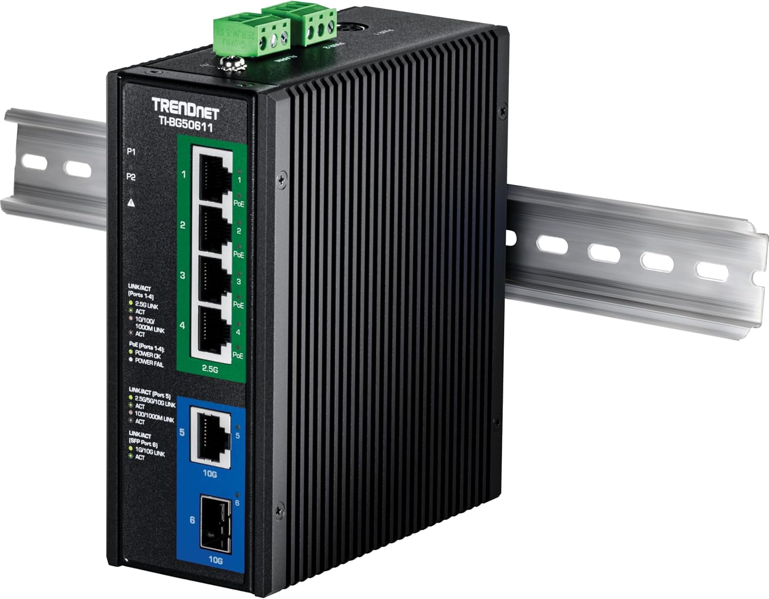 TRENDnet TI-BG50611,6-Port Industrial 2.5G PoE++ DIN-Rail Switch with 10G Ports