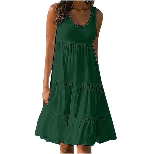 Bowake Robes d'Été pour Femmes 2024 Robe de Plage Décontractée Sans Manches à Volants Col Rond Ample Robe Débardeur Robe d'Été
