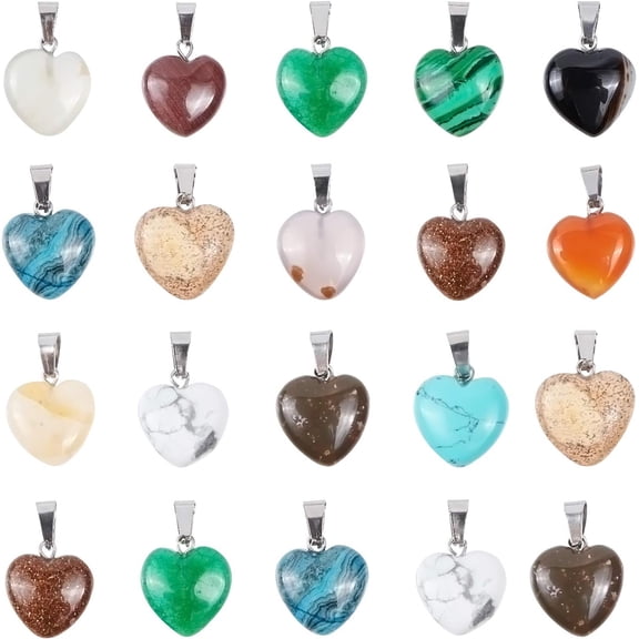 50PCS Heart Beads Pendants Gemstone Stone Charms Healing Stone Beads Pendants for DIY Necklace Jewelry Making-Assorted Color Platinum