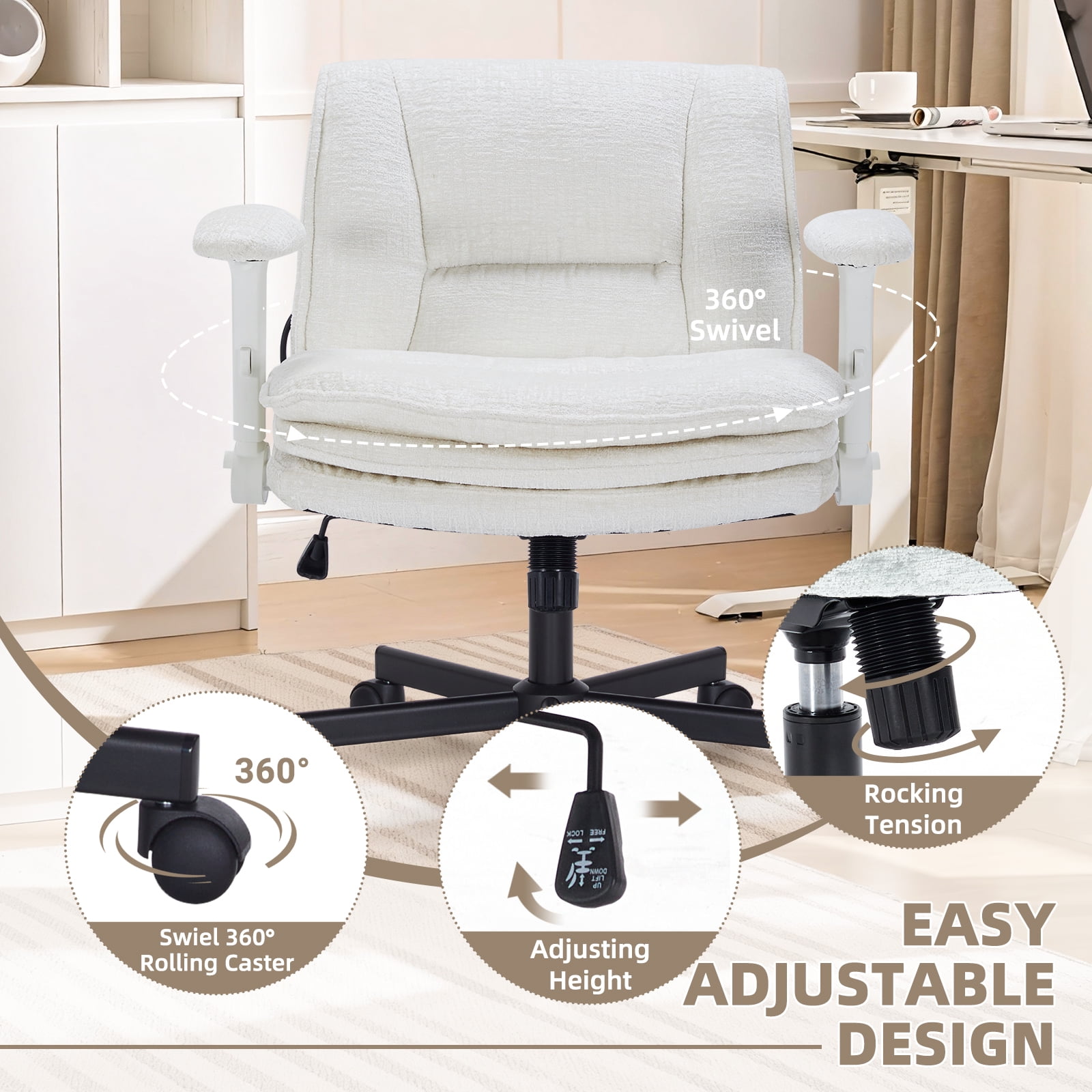 Criss Cross Legged Office Chair with Wide 3 Layer Cushions, Ergonomic Criss Cross Desk Chair with Dynamic Lumbar Support and Flip-up Arms, Mid Back Fabric Swivel Vanity Chair for Work, Study, Leisure