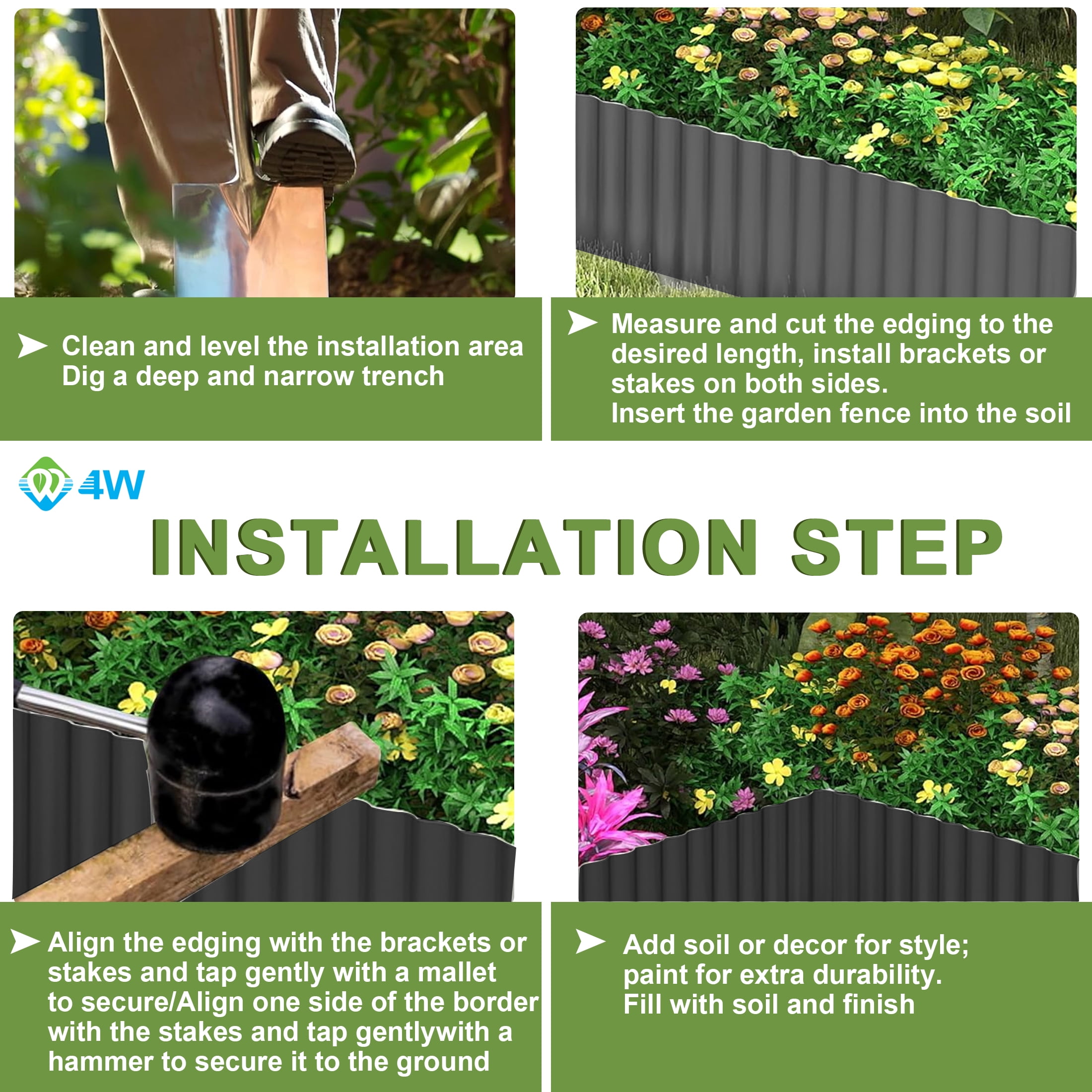 4W Galvanized Steel Landscape Edging Strip, Corrugated Garden Border, 6 in x 20 ft, Khaki Gray, for Flower Beds and Lawns