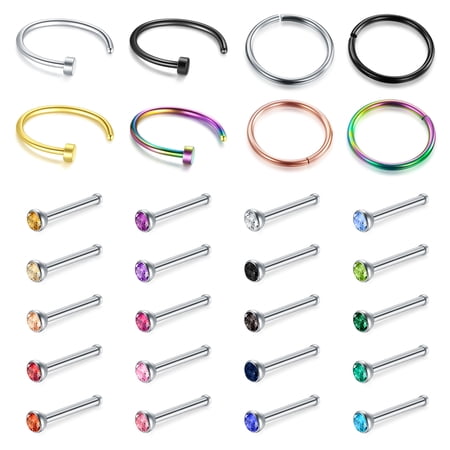 28PCS 18G Nose Rings Nose Studs Surgical Stainless Steel Screw Pin Bone Nose Nostrial Piercing Jewerly