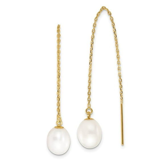 14k Gold 7-8mm White Rice Freshwater Cultured Pearl Cable Chain Threader Earrings