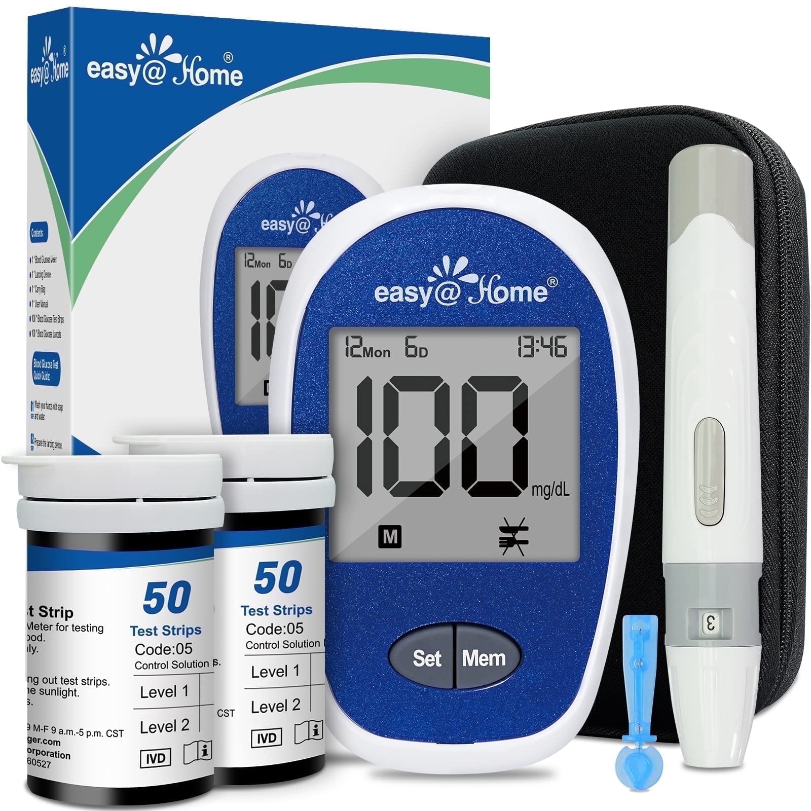 Easy@Home Blood Glucose Monitor Kit EBG-100SL, 100 Strips & 100 Lancets