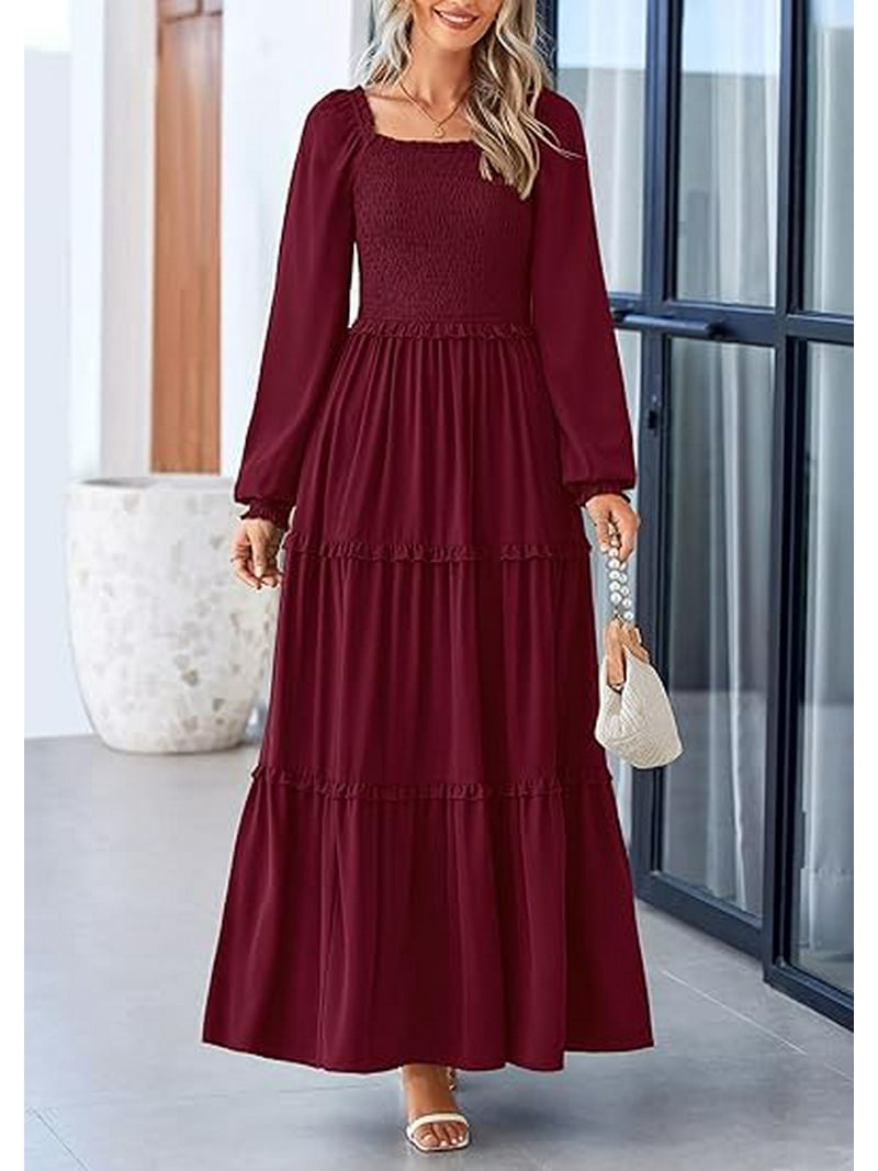 PRETTYGARDEN Women's Smocked Spring Maxi Dress Casual Fall Long Sleeve  Square Neck Tiered A Line Flowy Dresses with Pockets - Walmart.com