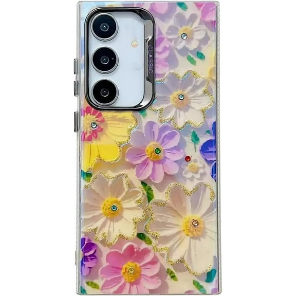 Galaxy A54 5G Case for Women Girls Cute Retro Oil Painting Printed Flower Luxury Glitter Sparkly Lacer Camera Lens Protector Shockproof Phone Cover Case for Samsung Galaxy A54 5G-Colorful