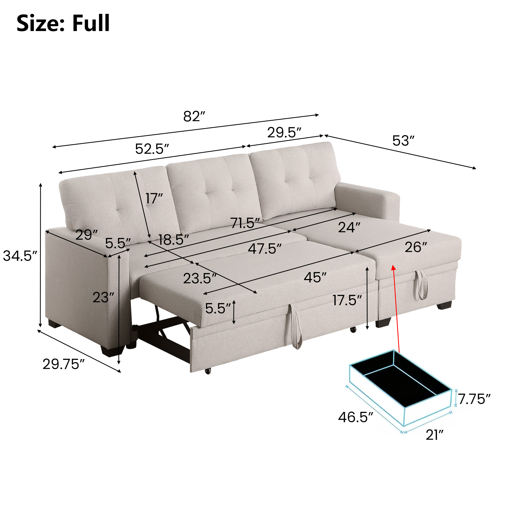 Aukfa 83" Sofa Bed, Sleeper Sofa, Pull Out Bed w/ Storage Chaise for Living Room, Linen, Beige