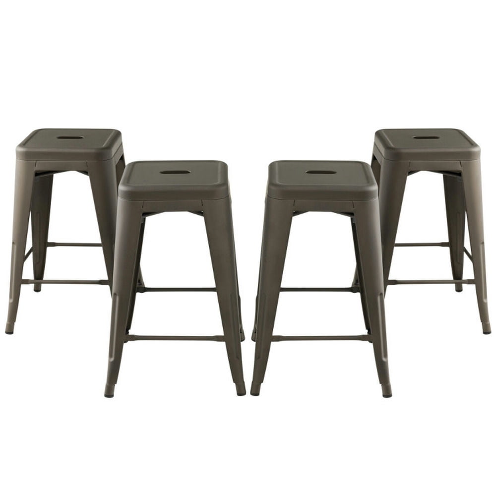Demi Bonn 24" Set of 4 Tolix Style Counter Height Barstool Stackable Bar Stools, Modern Dining Chair, Brown