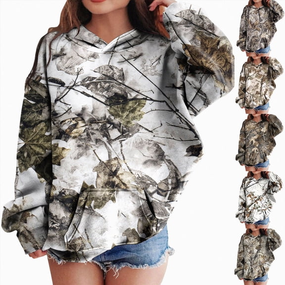 Xudanell Girls Camo Hoodie Toddler Oversized Hooded Sweatshirt Camouflage Casual Pullover Tops with Pockets Light Gray,Size 11-12