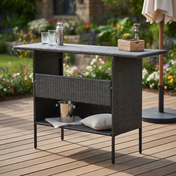 Topcobe Outdoor Wicker Bar Table with 2 Metal Mesh Shelves, Outdoor Patio Furniture-Brown