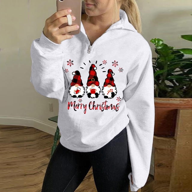 Pntutb Mujeres Otoño Invierno Estampado de Navidad Cuello en V Cremallera Manga larga tops Jersey Blusa Sudaderas Pntutb Pntutb-4276