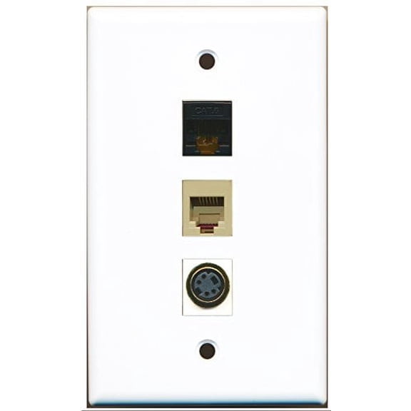 RiteAV - 1 Port Phone RJ11 RJ12 Beige and 1 Port S-Video and 1 Port Cat6 Ethernet Black Wall Plate
