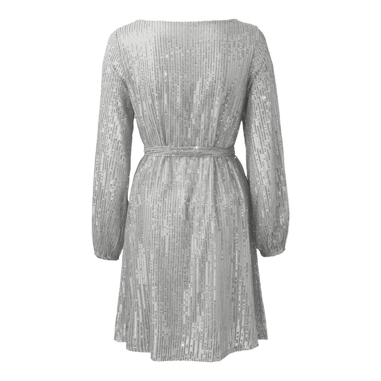 Sparkling Elegant Sequin Decor Evening Dress, Silver / M