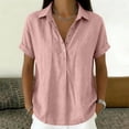 thumbnail image 6 of Linen Tops for Women Summer Gauze Shirts Button Down Short Sleeve V Neck Blouses Dressy Casual Tunic Clothes Pink M, 6 of 8