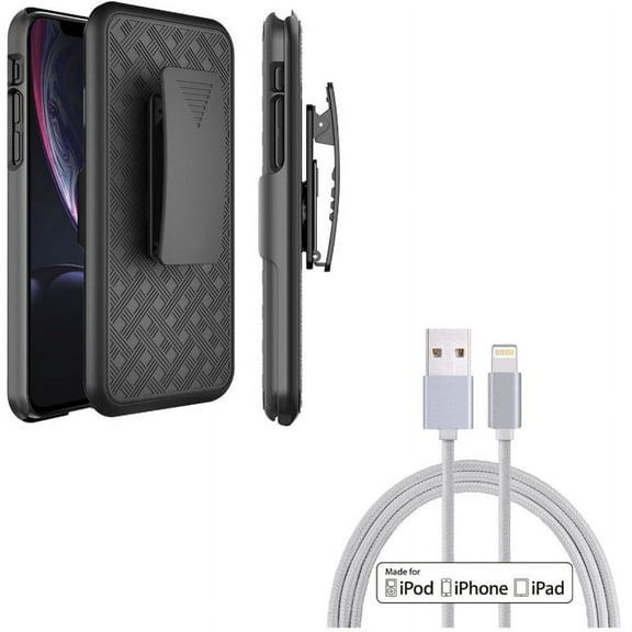 Holster Case Belt Clip w 10ft MFi USB Cable for iPhone XS Max - Swivel Kickstand Armor Combo Cover and Certified Charger Cord Power Wire Braided