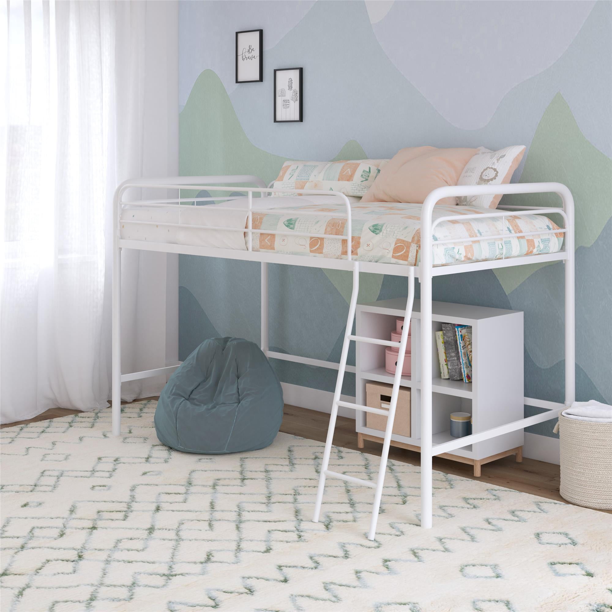White Junior Loft Bed with Metal Slide Twin Size Bunk Kids Play Furniture FUN 