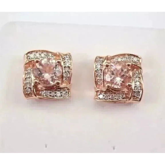 Round Morganite Halo Stud Earrings 14K Rose Gold Finish Silver