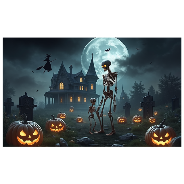 Spooky Scene Halloween Banner Gothic Theme Pumpkin Lantern Skeleton Design Cemetery Setting for Halloween Party Event Decor