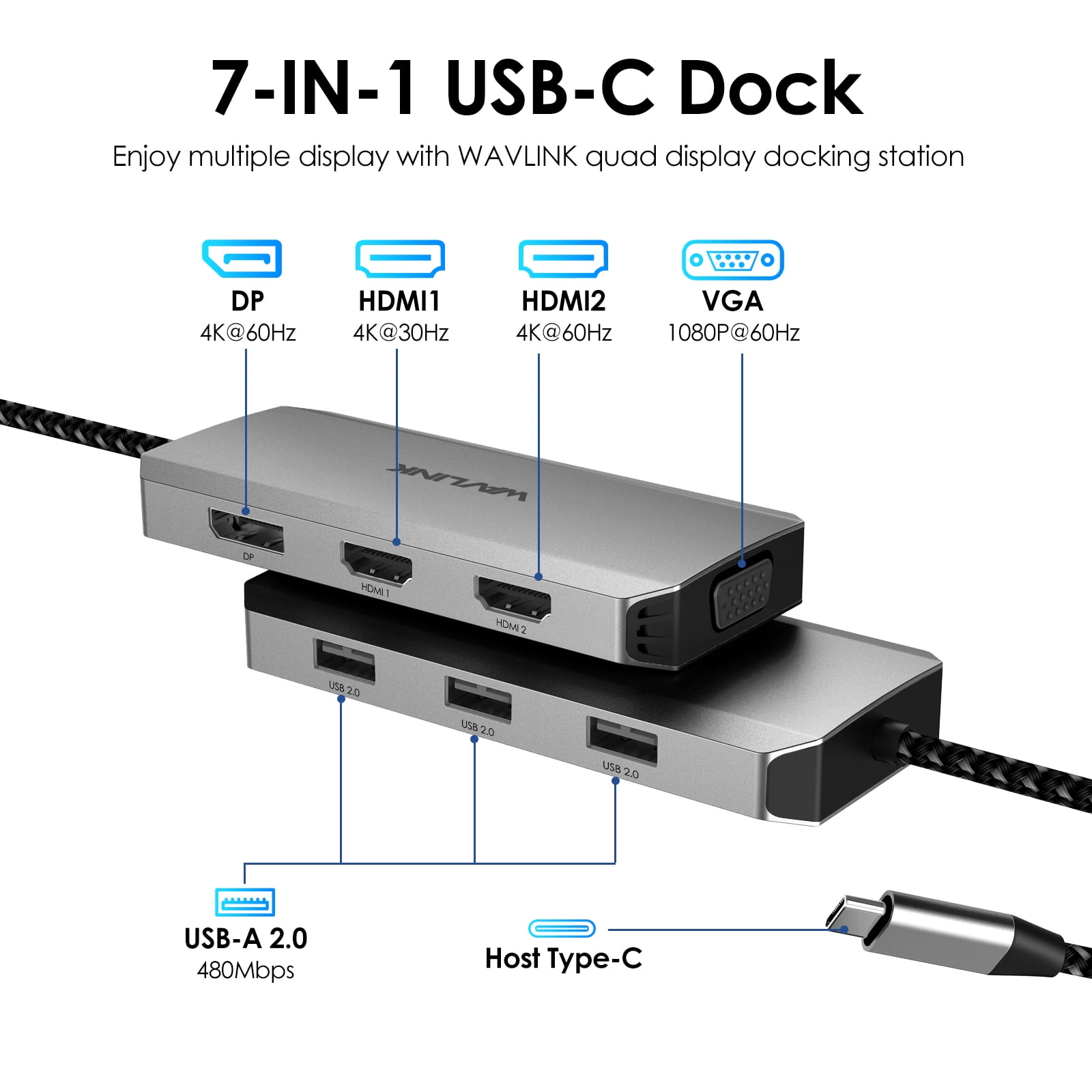 WAVLINK 7-IN-1 Multiport Adapter USB C Laptop Docking Station Quad Monitor with dual 4K HDMI, 4K DP, VGA, 3xUSB2.0