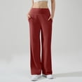 thumbnail image 5 of Straight Leg Leggings High Stretch Yoga Pants Women Soft High Waisted Casual Wide Leg Pants with Pockets Wine 30", 5 of 5