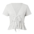 thumbnail image 1 of WEAIXIMIUNG Maternity Shirts Summer 9Th Month Women's Short Sleeve V Neck Blouses Ruffle Hem Tie Front Crop Tops Lightweight Basic Summer Tops, 1 of 5
