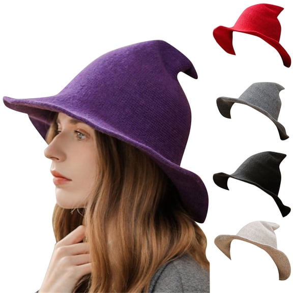 Helii Comfortable Adult Knitted Pointed Hat Witch Hat Wizards Hat Wide Brim Hat for Halloween Autumn Fall Holiday Festival Party - Unisex Black Solid Color Novelty Magic Spooky Hat for Adults