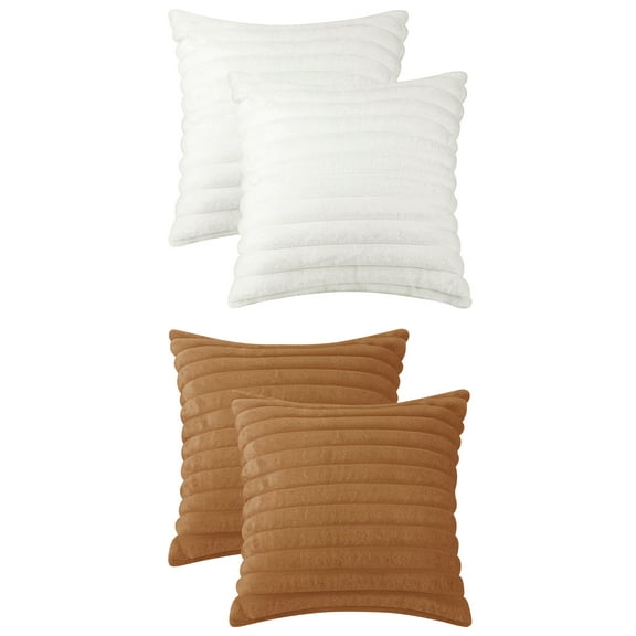 Unique Bargains Pack of 4 Solid Striped Throw Pillow Covers Plush Faux Fur Pillow Cover White/Light Brown 16" x 16"