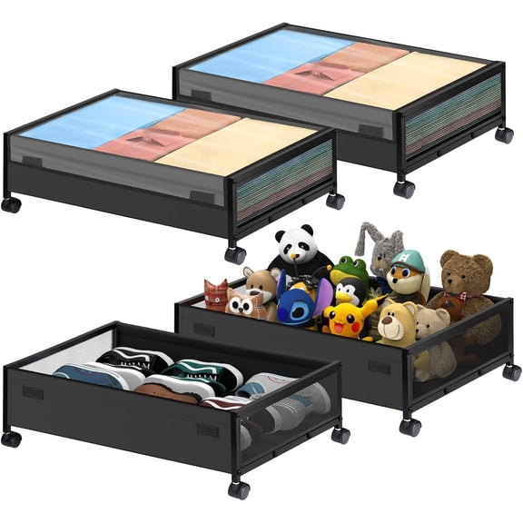 Under Bed Storage with Wheels, Upgraded Under Bed Rolling Storage with Lid, 4-Pack Bedroom Underbed Large Storage Cart with Lid for Clothes,Toy, Book, Blanket Black(24.4 x 16.5 x 7.3 in)