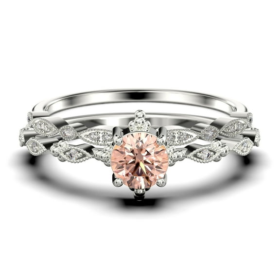 Antique Dazzling Boho & hippie 1.75 Carat Round Cut Morganite And Diamond Moissanite Unique Engagement Ring, Wedding Ring in10k Solid White Gold, Affordable Gift For Woman, Bridal Set, Matching Band