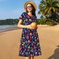 thumbnail image 4 of Vsdgher Robe de Plage pour Femmes Été 2025 Décontractée Midi Maxi à Tête de Mort Arc-en-Ciel Couleur Champignon Légère à Manches Courtes Col Rond, 4 of 6