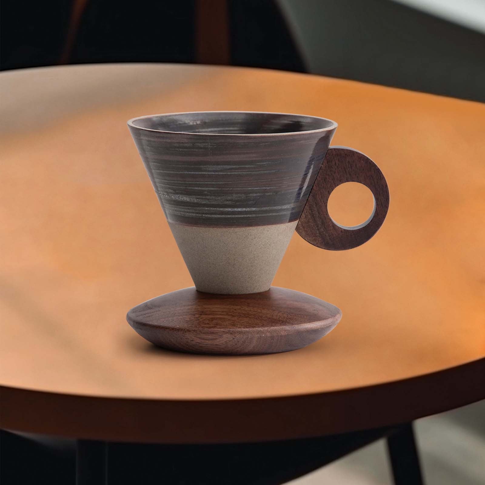Elegant Conical Ceramic Coffee Cup with Solid Wood Base, Vintage Coarse Pottery Funnel-Shaped Mug for Home, Handcrafted Heat-Resistant Tea Coffee Cup, Pour-Over Espresso Brewing Mug, 200ml