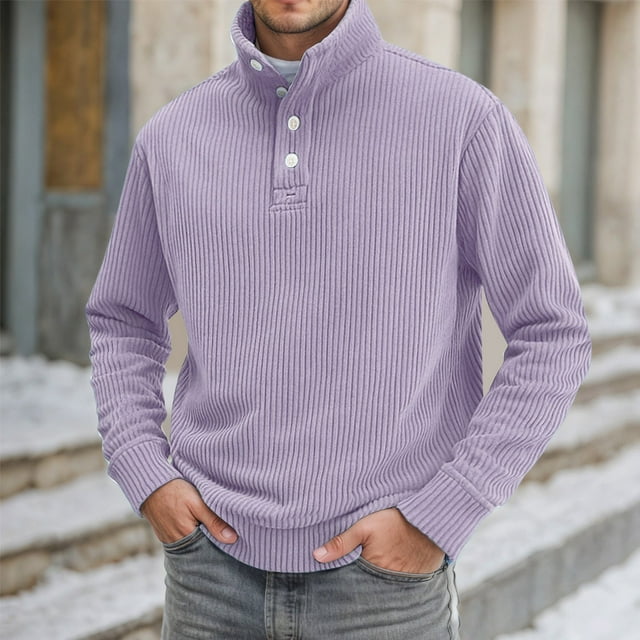 Mens Long Sleeve High Neck Sweatshirt with Button Placket and Digital Print Design for Everyday Casual Fall Season