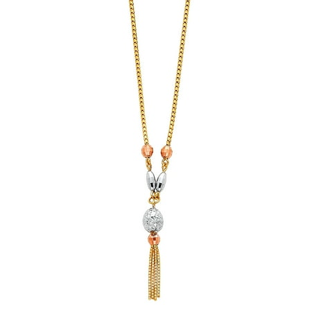 - FB Jewels 14K Rose White and Yellow Tri Color Gold 1.5mm Box Chain Hanging Tassel Chain Necklace 17 Inches