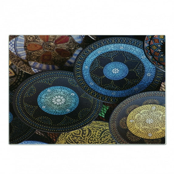 Moroccan Cutting Board, Handcrafts Shot at the Market in Morocco Antiquity Tradition Old Touristic Places, Decorative Tempered Glass Cutting and Serving Board, Small Size, Multicolor, by Ambesonne
