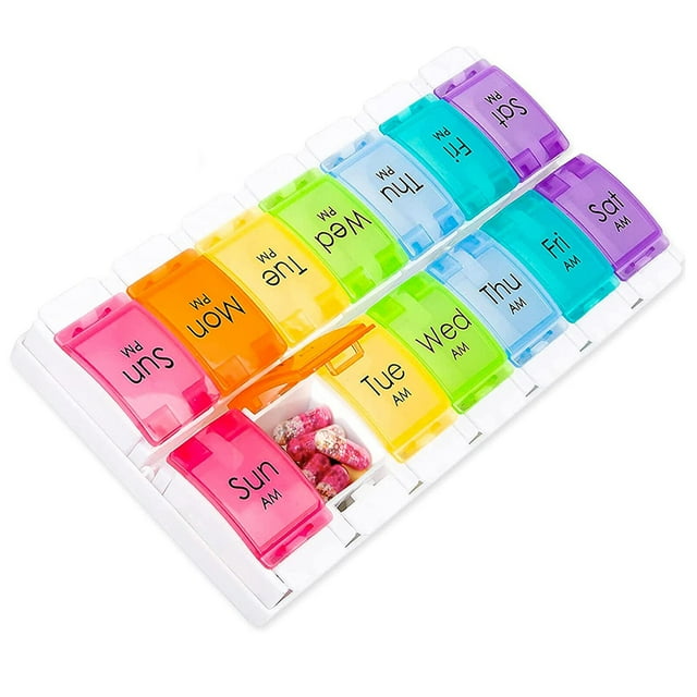Weekly Pill Organizer, 2 Daily, BPA Free 7 Day Pill Box, Medication Organizer, Easy Push Button Design, Pill Box with Large Compartments for Vitamins, Supplements and Medication
