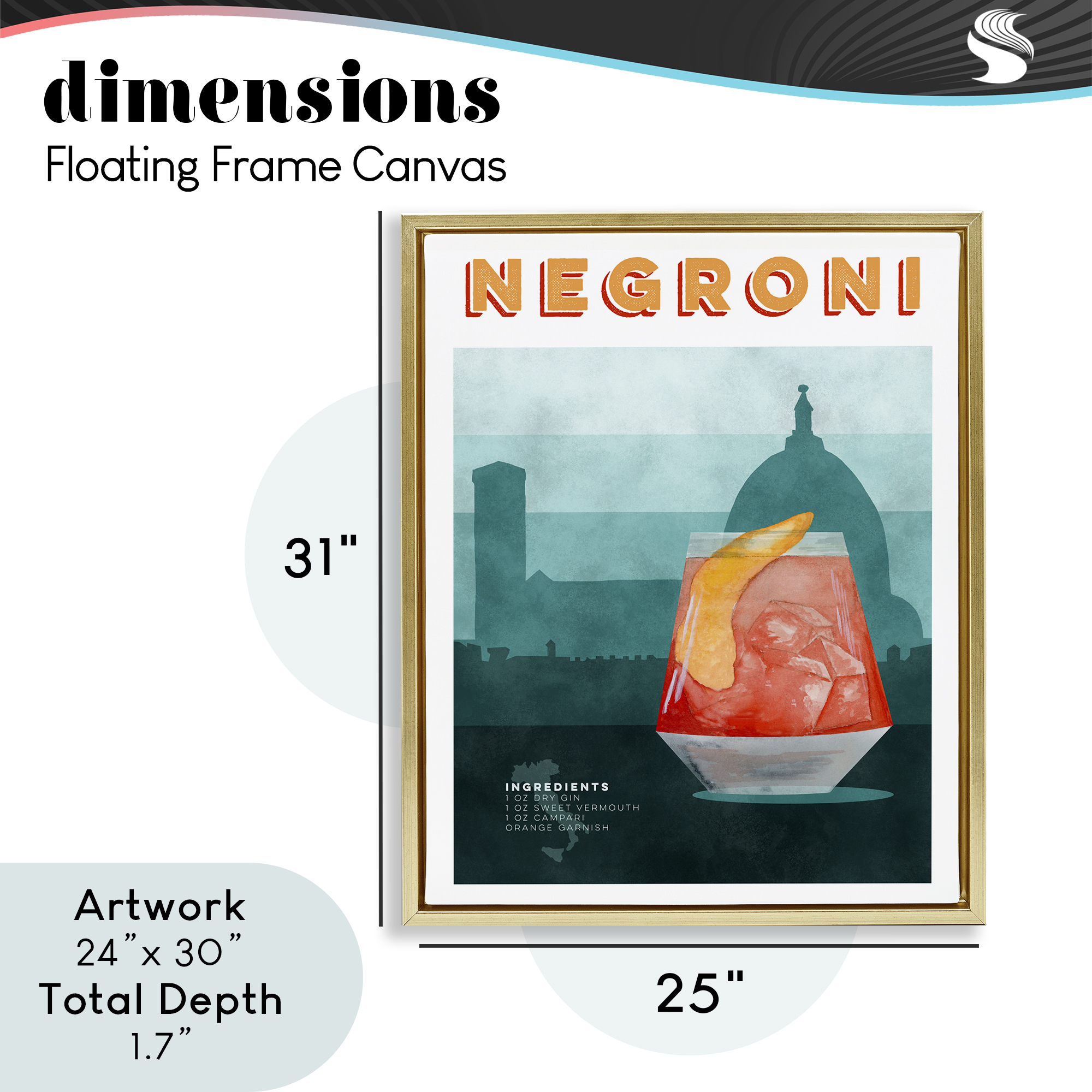 Retro Negroni & Architecture Gold Framed Floater Canvas Wall Art, design by Brett Blumenthal