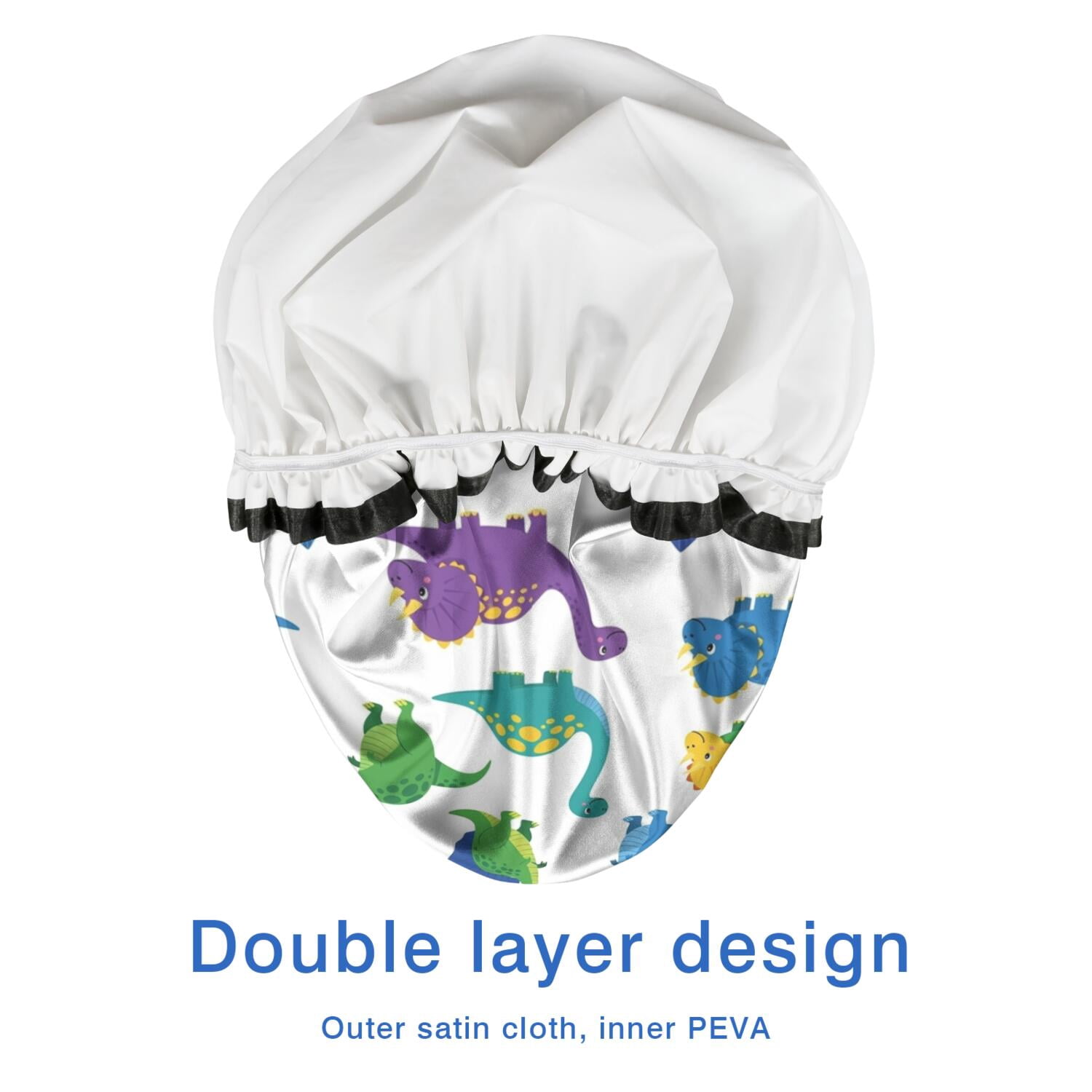 Shower Caps,White Cartoon Dinosaurs Pattern Waterproof Shower Cap for Women 4 Pieces,Double Reusable Hair Cover for Shower PEVA Elastic Stretch Hem