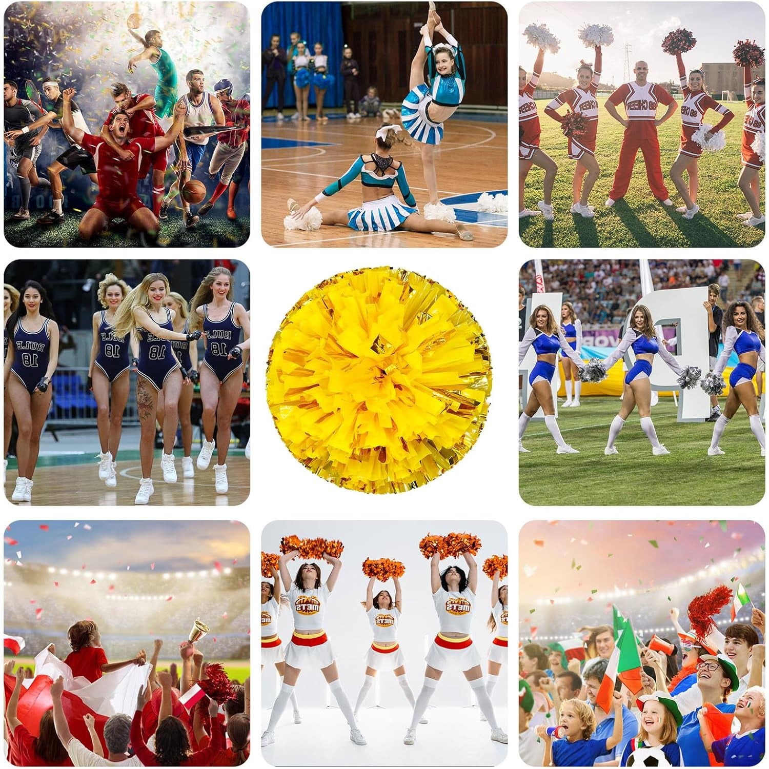 8 PCS Metallic Cheerleading Pom Pom for Team Spirit Sports Dance Cheering Kids Adults-Ring Style