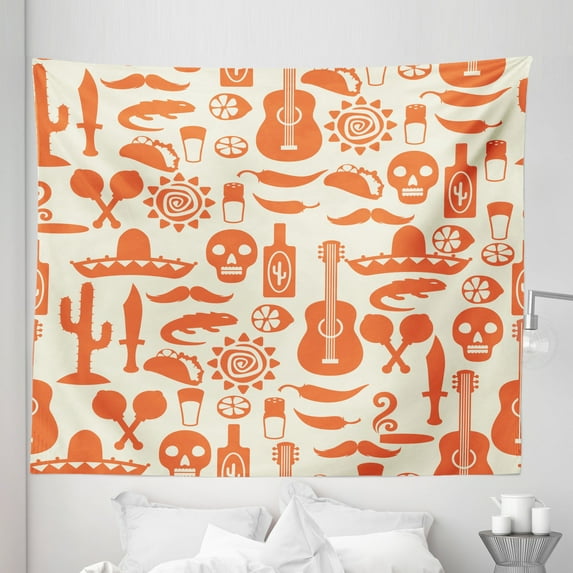 Mexican Tapestry, South American Culture Sombrero Mariachi Hats Skulls Guiatar Tacos Print, Fabric Wall Hanging Decor for Bedroom Living Room Dorm, 5 Sizes, Cream Orange, by Ambesonne