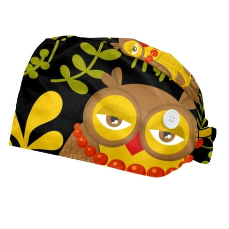 

2PCS Working Cap with Buttons and Sweatband Adjustable Tie Back Hats Bouffant Caps Owl Scrub Turban Hat