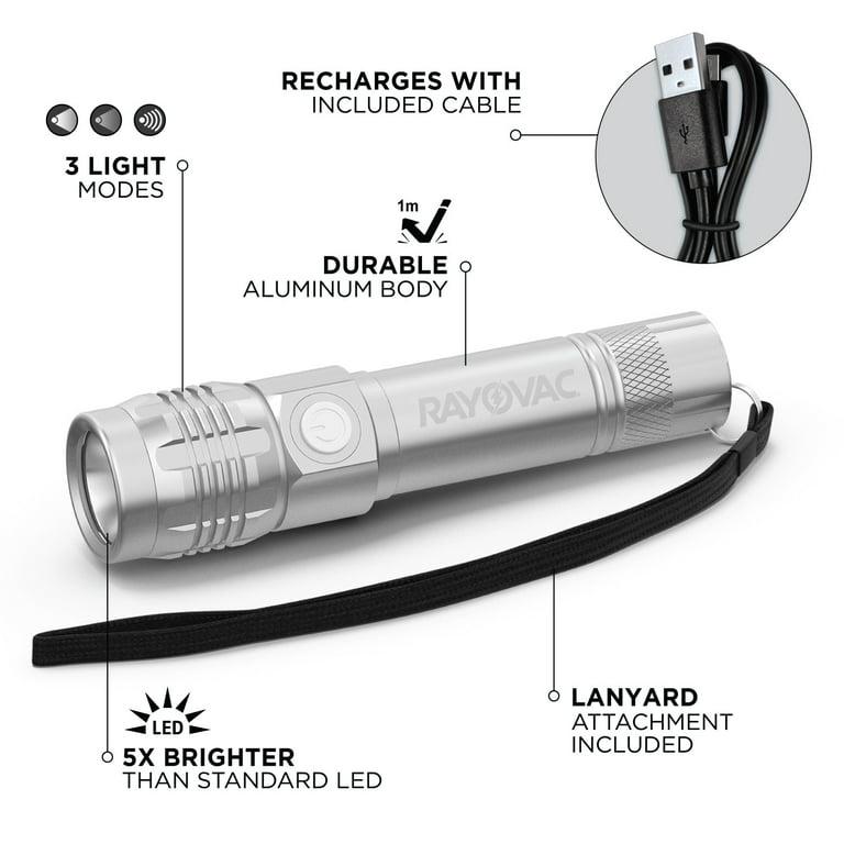 Rayovac Metal Rechargeable LED Flashlight with USB Charging Cable