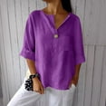 thumbnail image 6 of Tianiyouqing Womens Shirts 3/4 Sleeve Cotton Linen Gauze Tops Casual Button V Neck Blouses Loose Fit with Pocket Purple L, 6 of 6