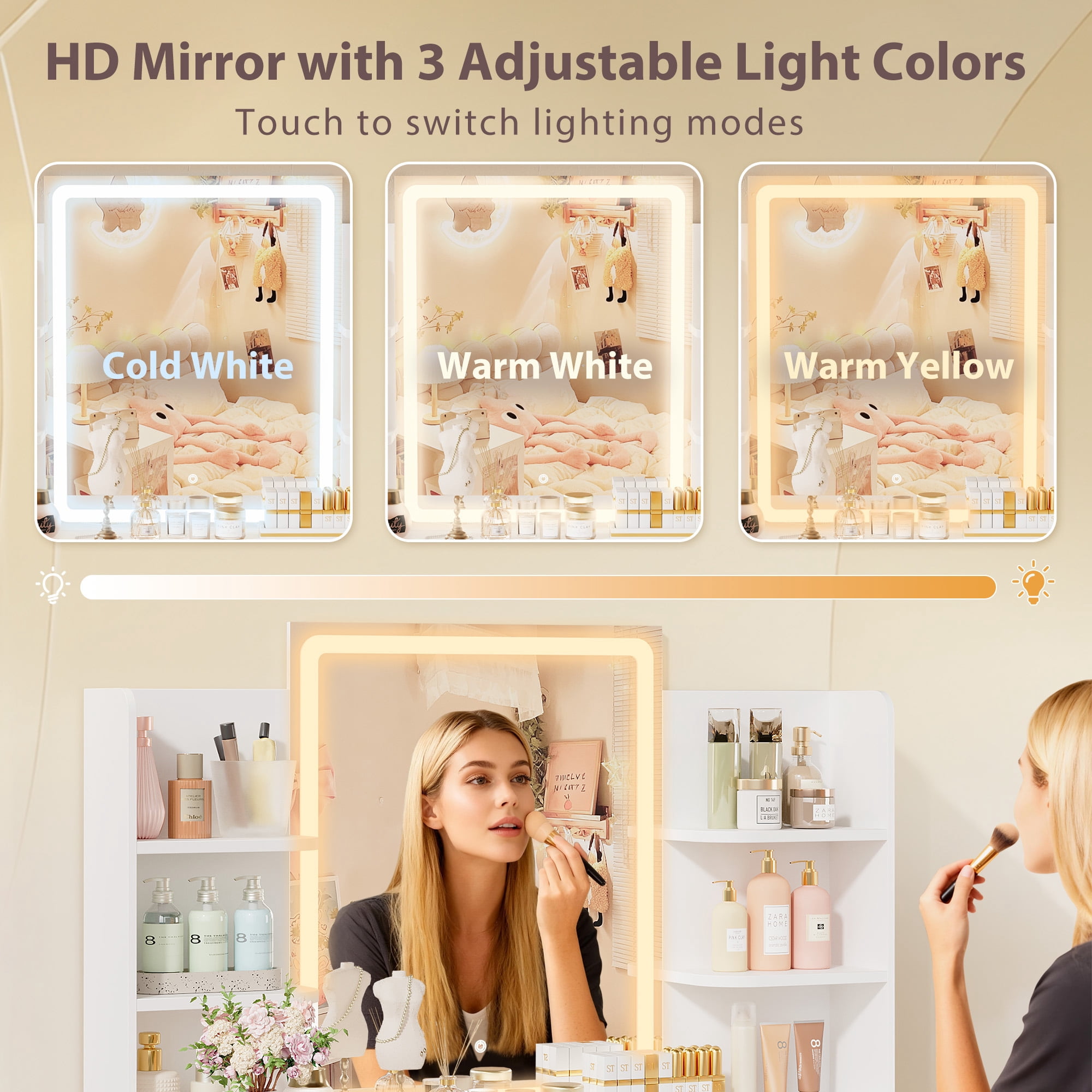 Homall Vanity Desk with 3 Colors LED Lighted Mirror, Makeup Vanity with Storage Shelves and Drawers, Vanity Table Dressing Table for Bedroom, White