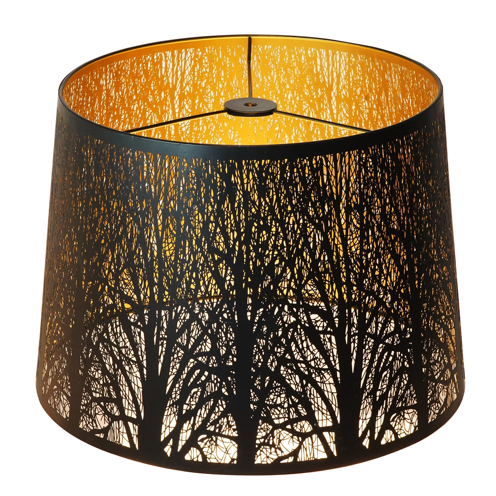 SWAIFDEE Metal Lampshade, Etched Forest Drum Lamp Shade, Black & Gold, Spider Fitter for Table & Floor Lamps, 12x14x10 Inch, Large Replacement Light Cover