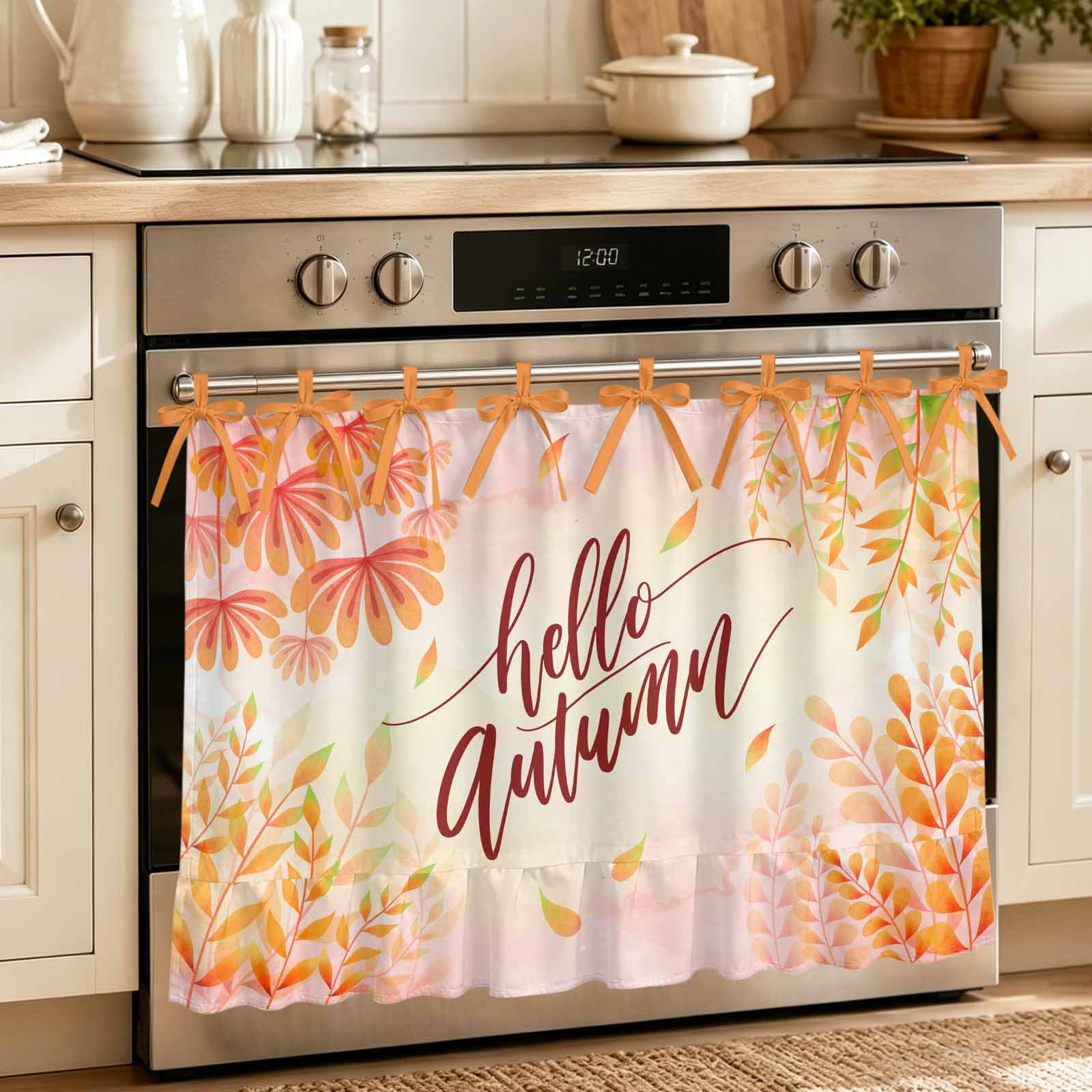 Oven Curtain for Kitchen Thanksgiving Watercolor Fall Leaves Plants Stove Curtain With Ruffled Trim Dishwasher Curtains Hello Autumn Oven Skirt 32 x24
