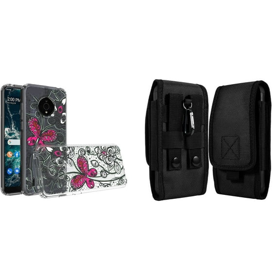Case and Pouch Bundle for Nokia C200: Slim Series TPU Protector Case (Pink Butterfly) and Vertical Rugged Nylon Belt Holster