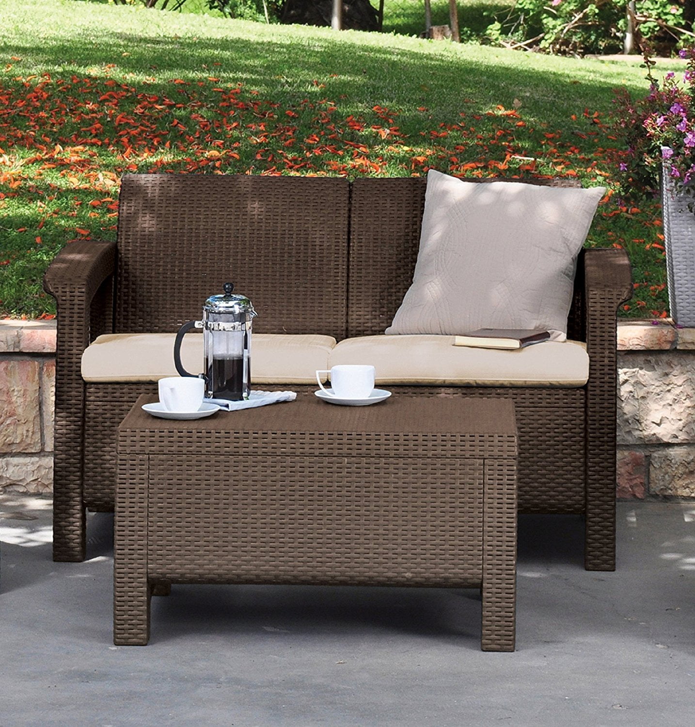 Keter Corfu Love Seat All Weather Outdoor Patio Garden Furniture w//Cushions,
